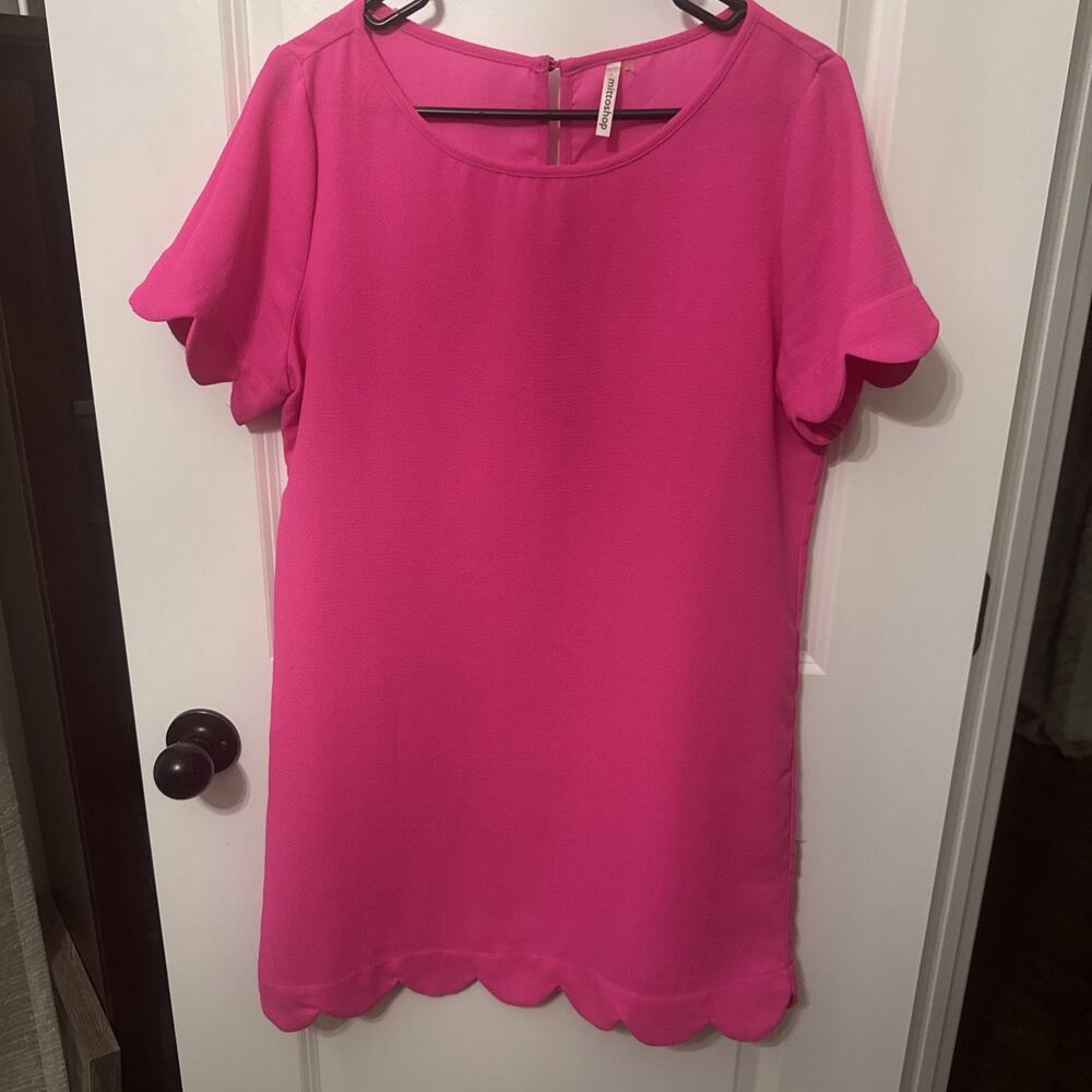 Women’s Mittoshop Dress Size Large Shirt Sleeve Shift Scalloped Pink